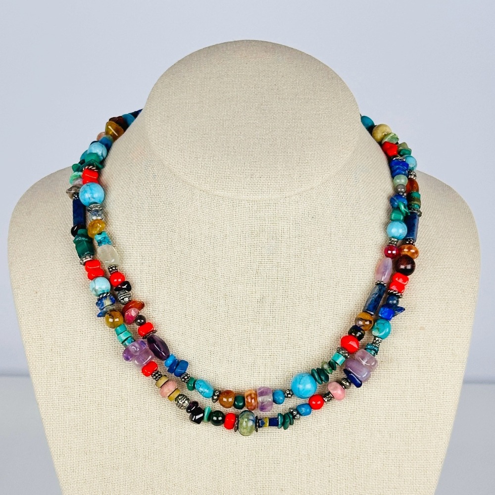 Boho Multicolor Gemstone Beaded Necklace Set Turquoise Lapis Amethyst Carnelian